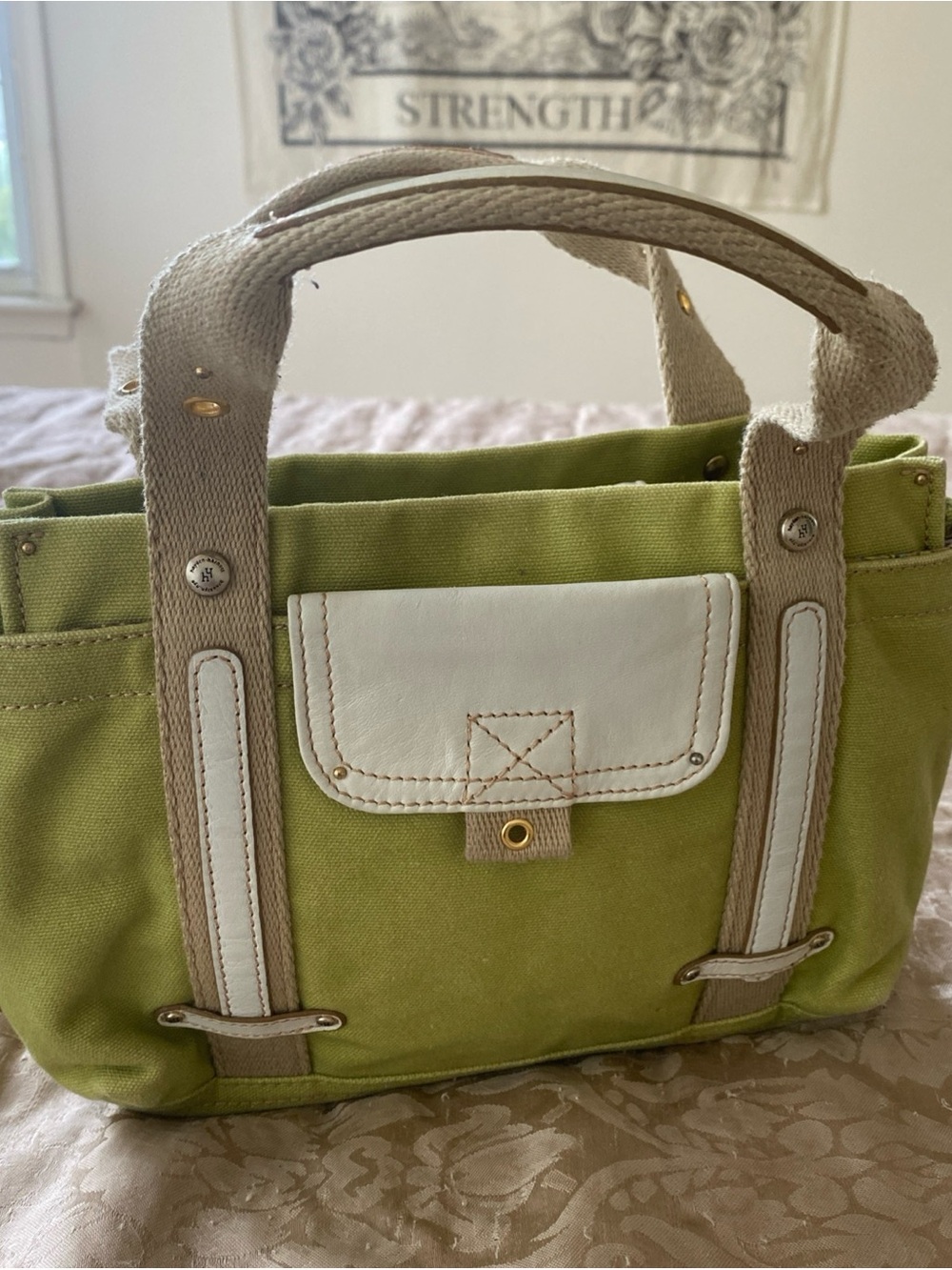 Hayden Harnett Brooklyn/NYC Small Canvas Tote Handbag in Light Green White Trim